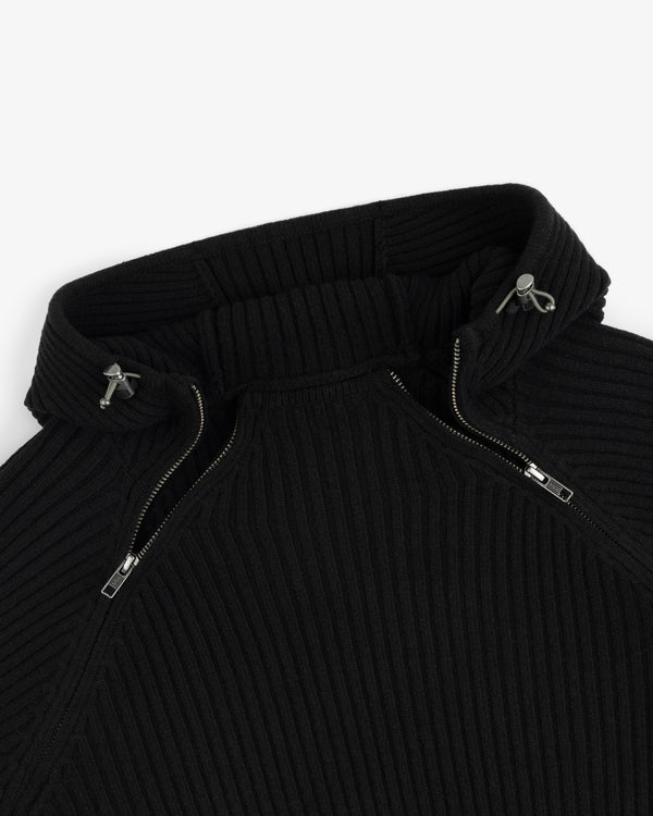 Black Wool Ribbed Knit Hoodie with a high-neck zippered collar and metal drawstring toggles.