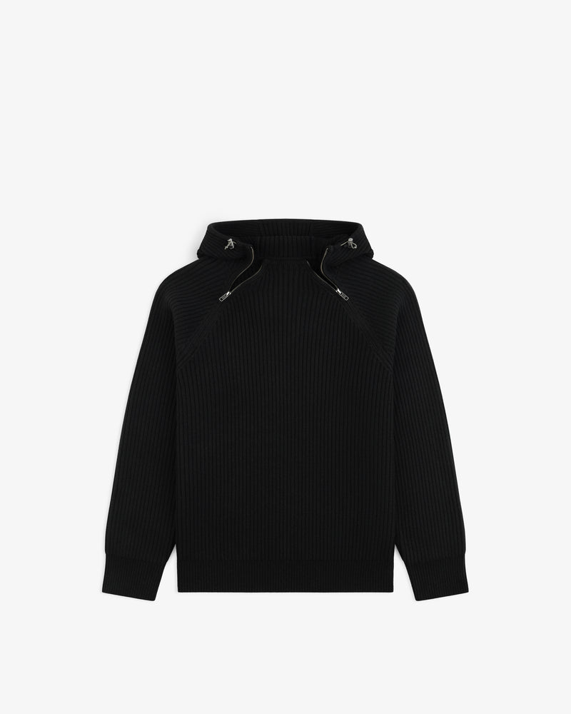 Black Wool Ribbed Knit Hoodie with a high neck and front zipper detail.