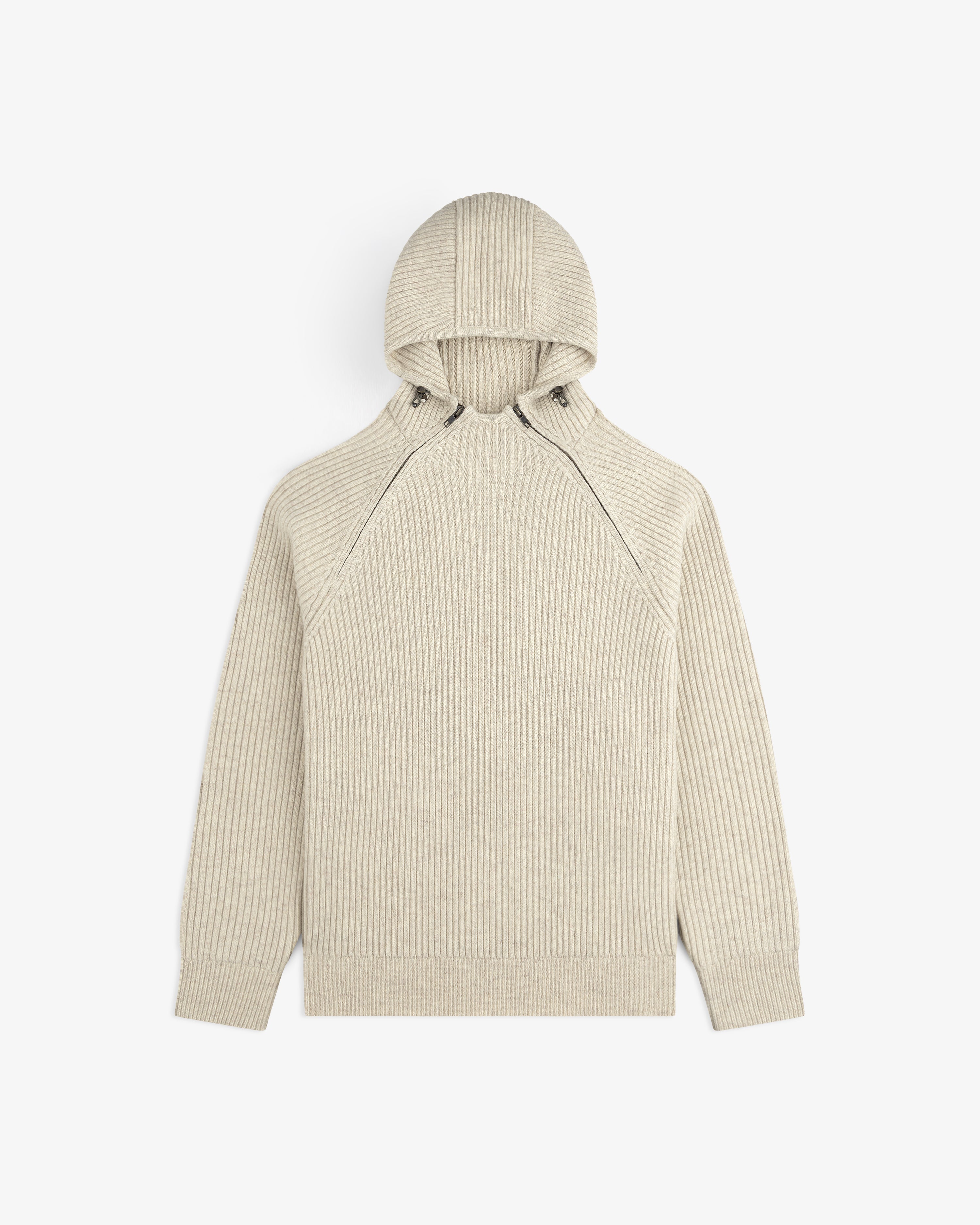 Beige Wool Ribbed Knit Hoodie with a high-neck zipper detail.