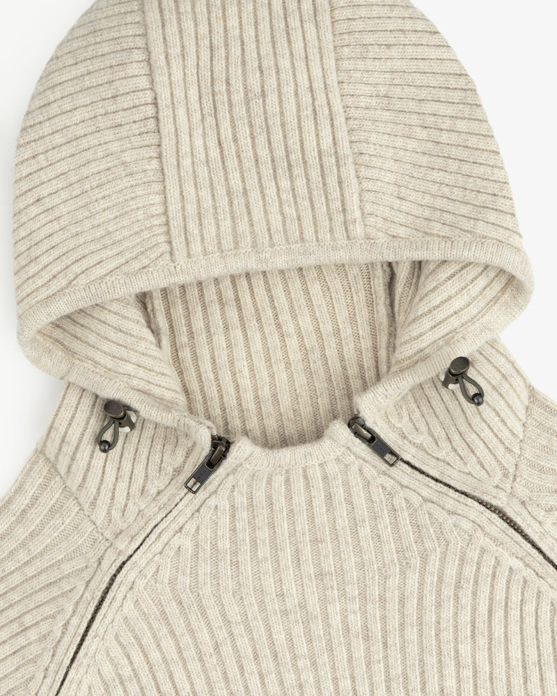 Wool Ribbed Knit Hoodie in beige with a full-length zipper and drawstring hood.