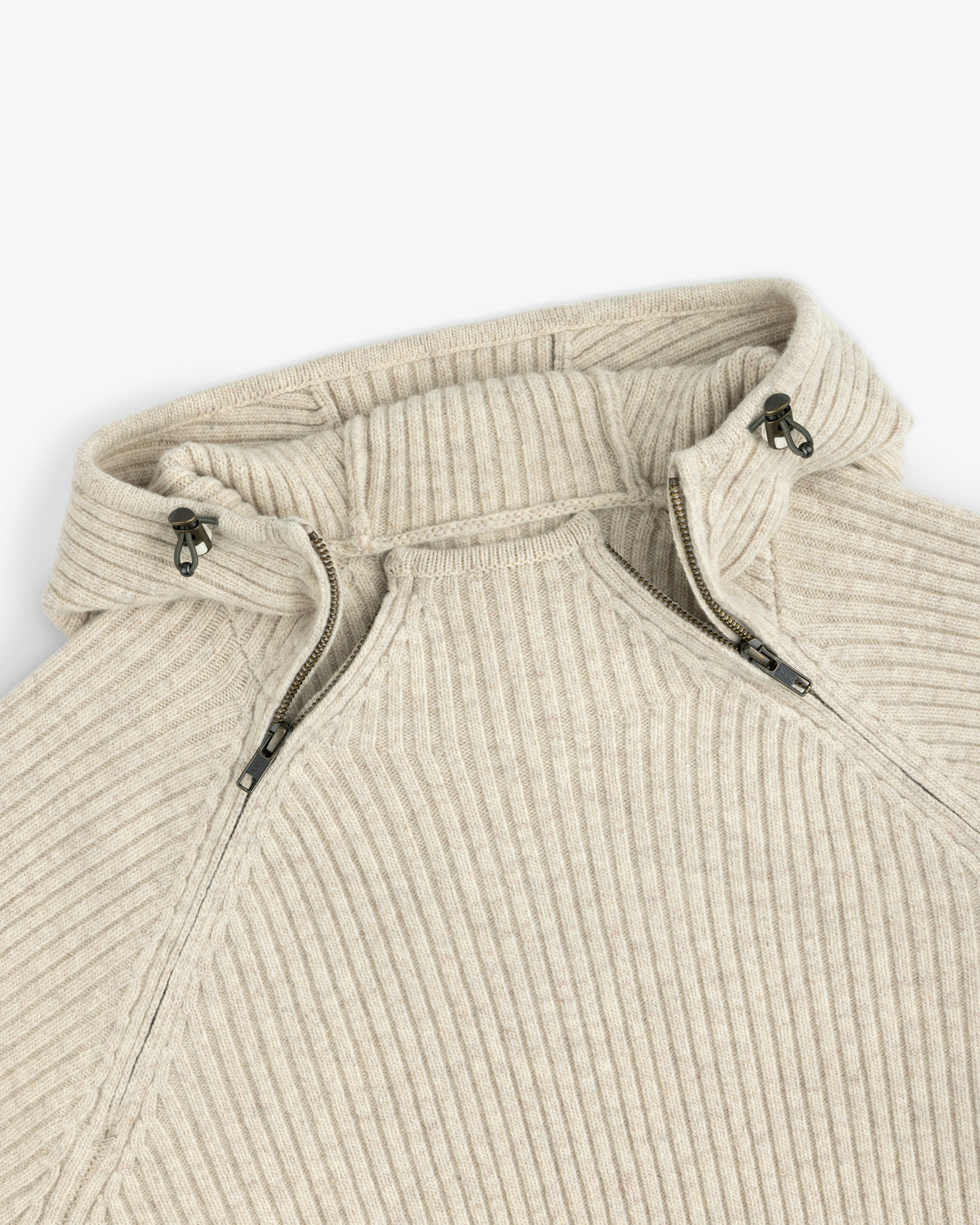 Beige Wool Ribbed Knit Hoodie with a high-neck zipper closure.