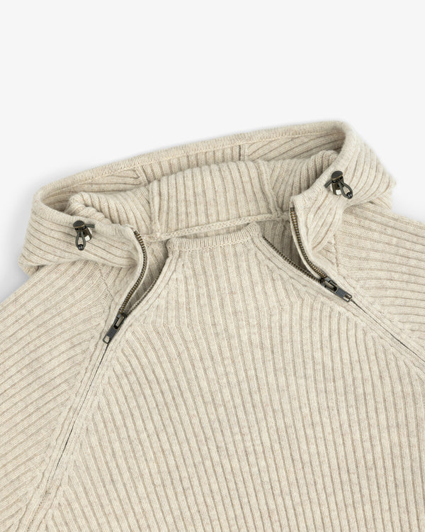 Beige Wool Ribbed Knit Hoodie with a high-neck zipper closure.