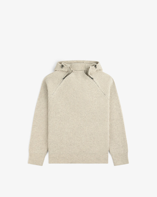 Beige Wool Ribbed Knit Hoodie with a zipper at the neck.