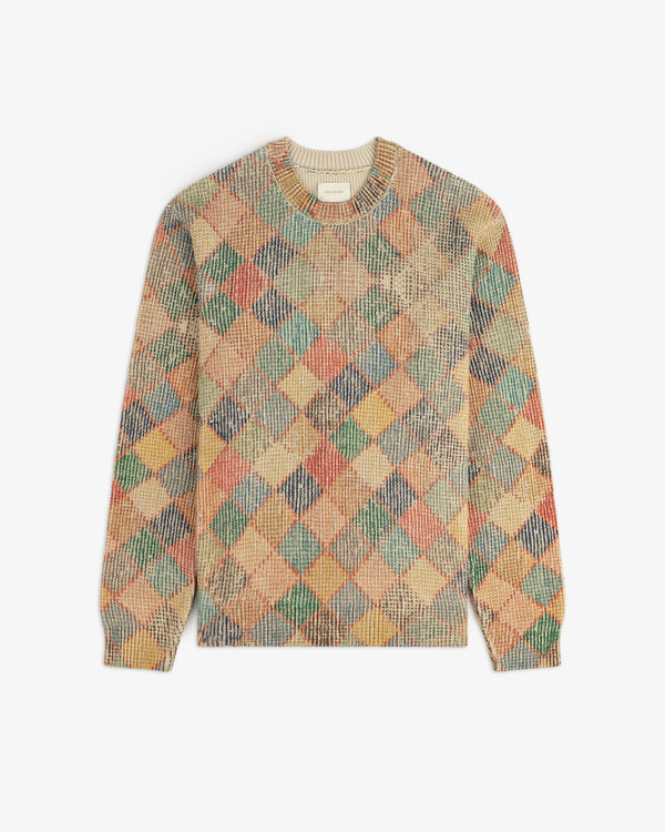 Kilim Argyle Crewneck Sweater with a beige, green, orange, red, and blue diamond knit pattern.