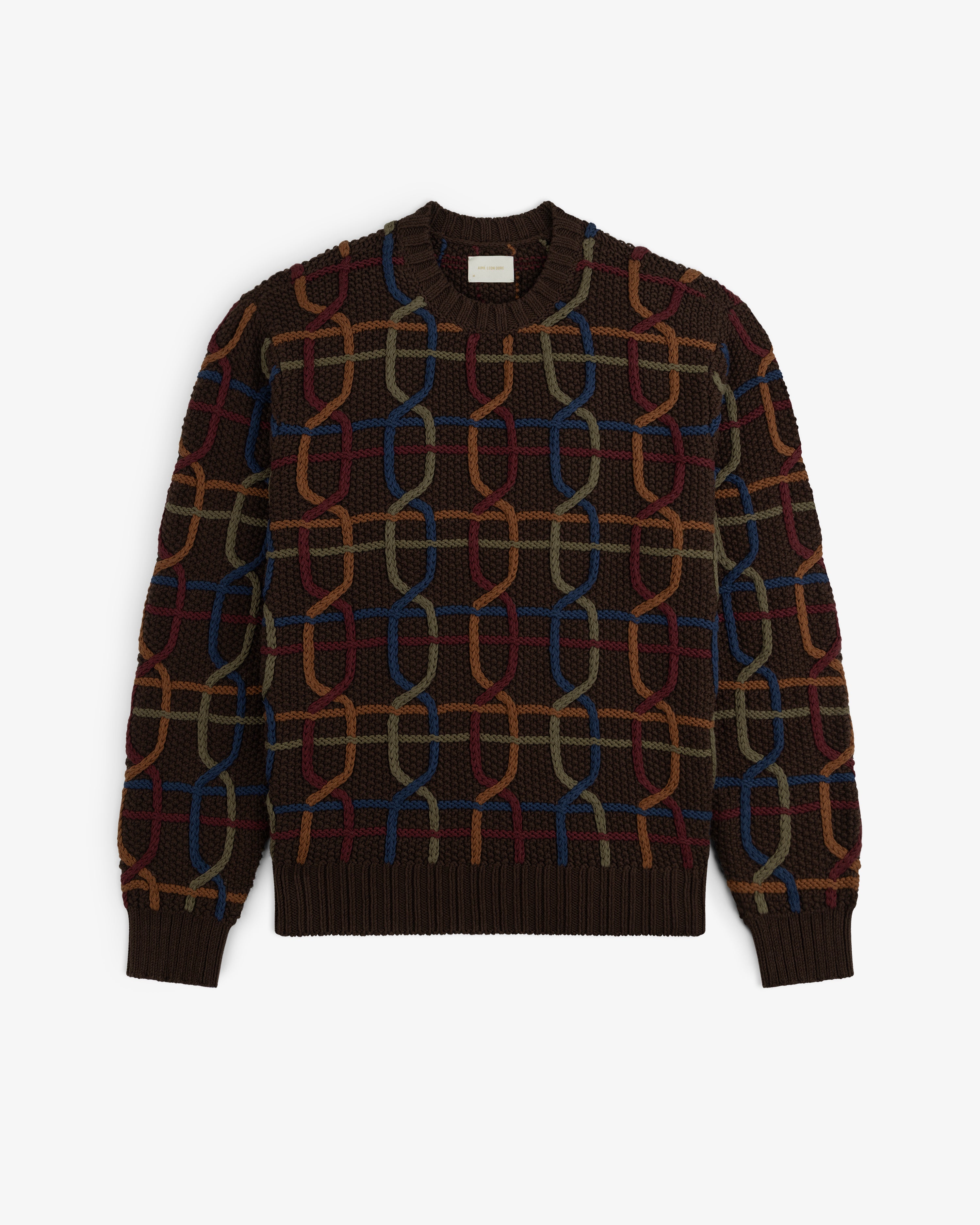 Cable Link Crewneck Sweater in dark brown featuring a colorful cable-knit chain link pattern.