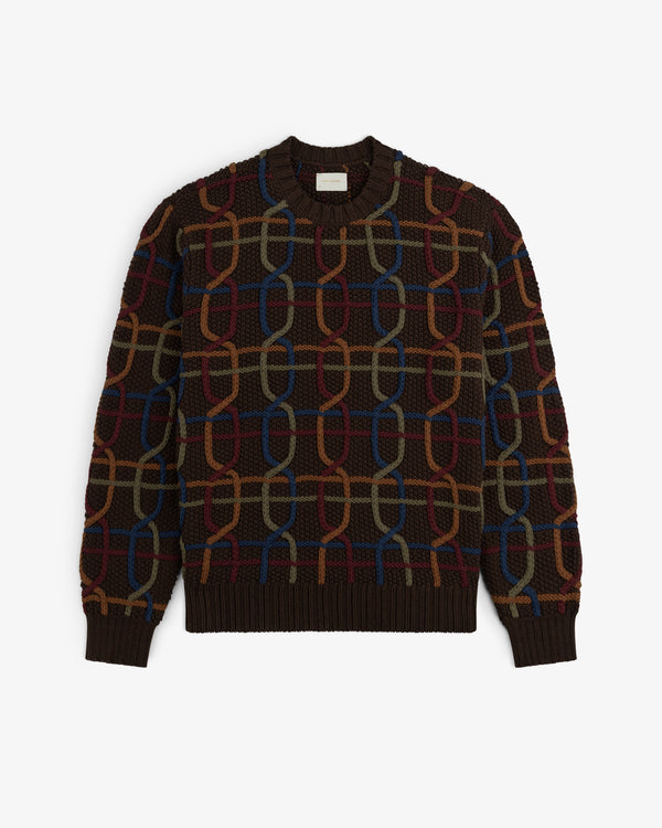Cable Link Crewneck Sweater in dark brown featuring a colorful cable-knit chain link pattern.