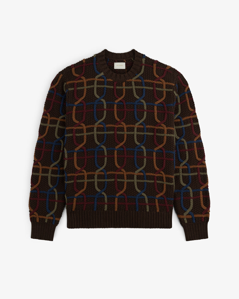 Cable Link Crewneck Sweater in dark brown featuring a colorful cable-knit chain link pattern.