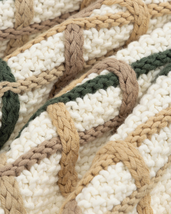 Close-up of a Cable Link Crewneck Sweater in a cream, tan, and dark green cable-stitch pattern.