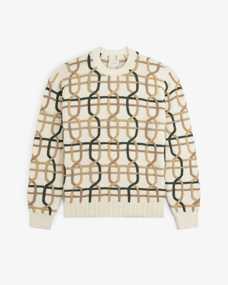 Cable Link Crewneck Sweater in cream with a brown, tan, and dark green interlocking chain-link pattern.