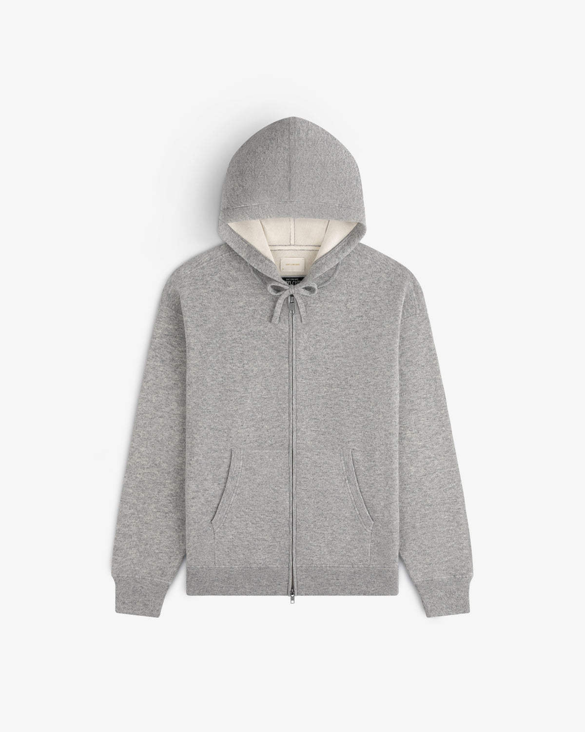 Full-Zip Pavilion Cashmere Hoodie in gray with front pockets, drawstring hood, and white lining on white background.