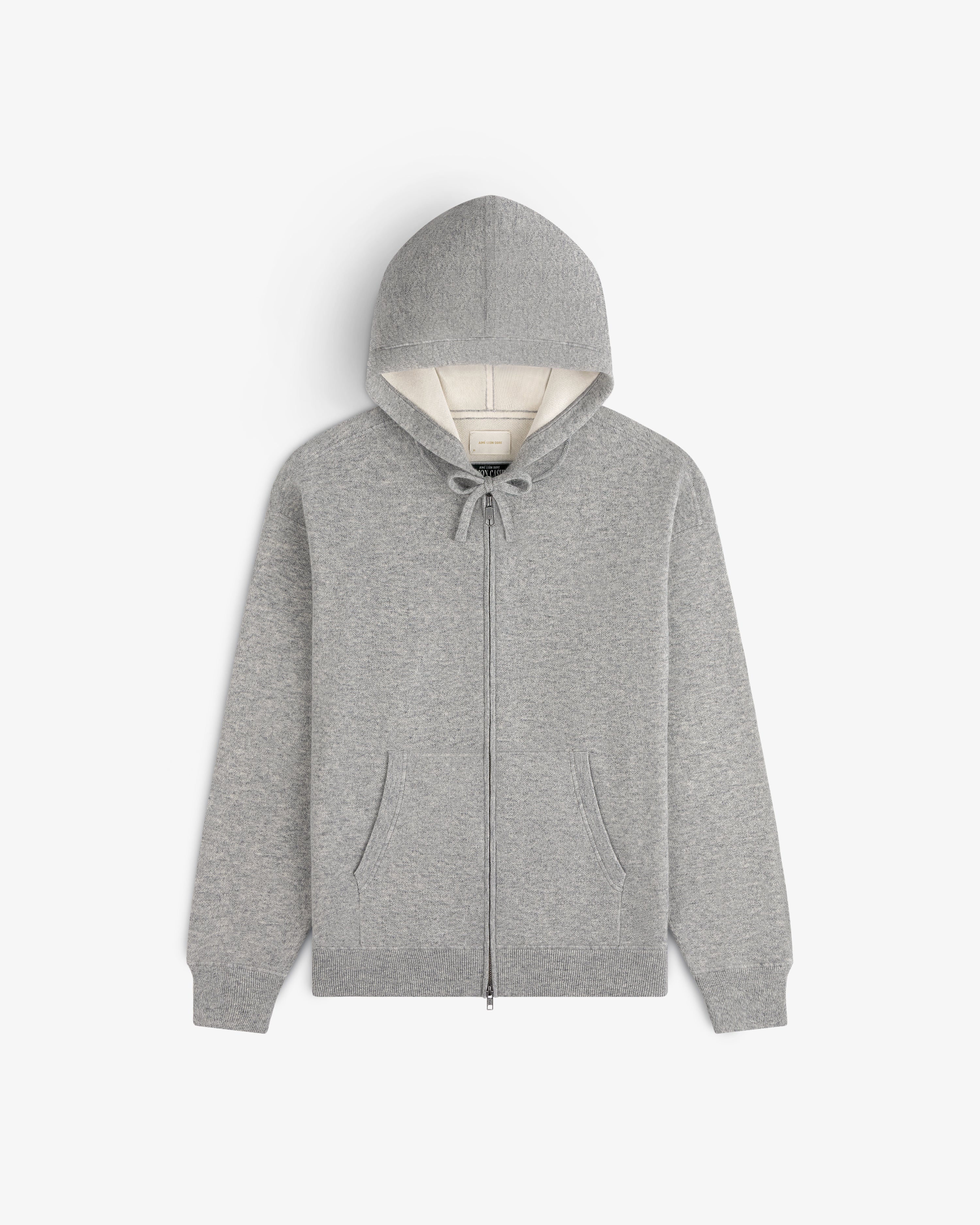 Full-Zip Pavilion Cashmere Hoodie in gray with front pockets, drawstring hood, and white lining on white background.