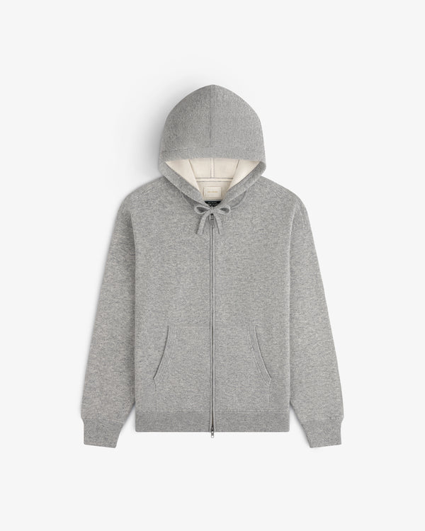 Full-Zip Pavilion Cashmere Hoodie in gray with front pockets, drawstring hood, and white lining on white background.