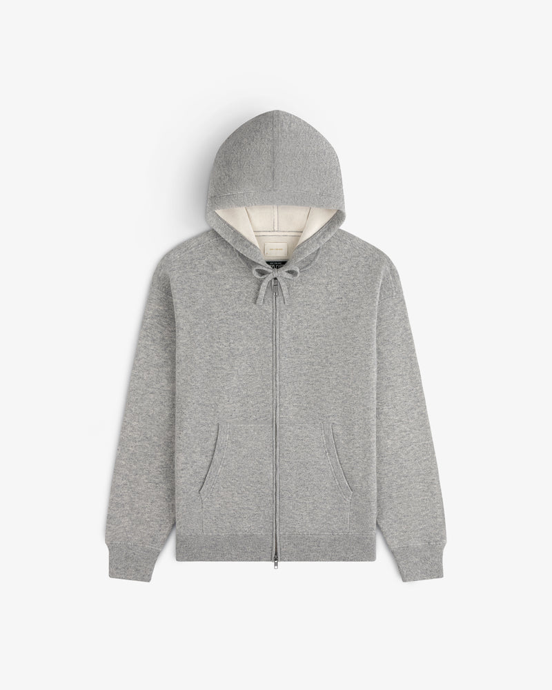 Full-Zip Pavilion Cashmere Hoodie in gray with front pockets, drawstring hood, and white lining on white background.