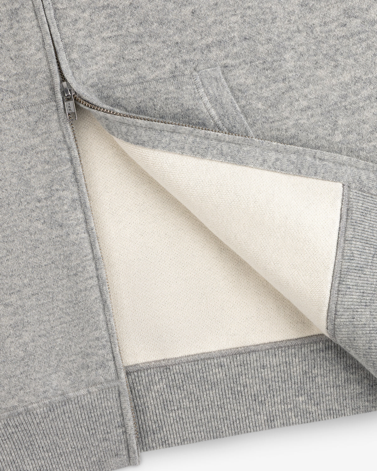 Full-Zip Pavilion Cashmere Hoodie in gray, partially unzipped to show cream lining and ribbed hem.