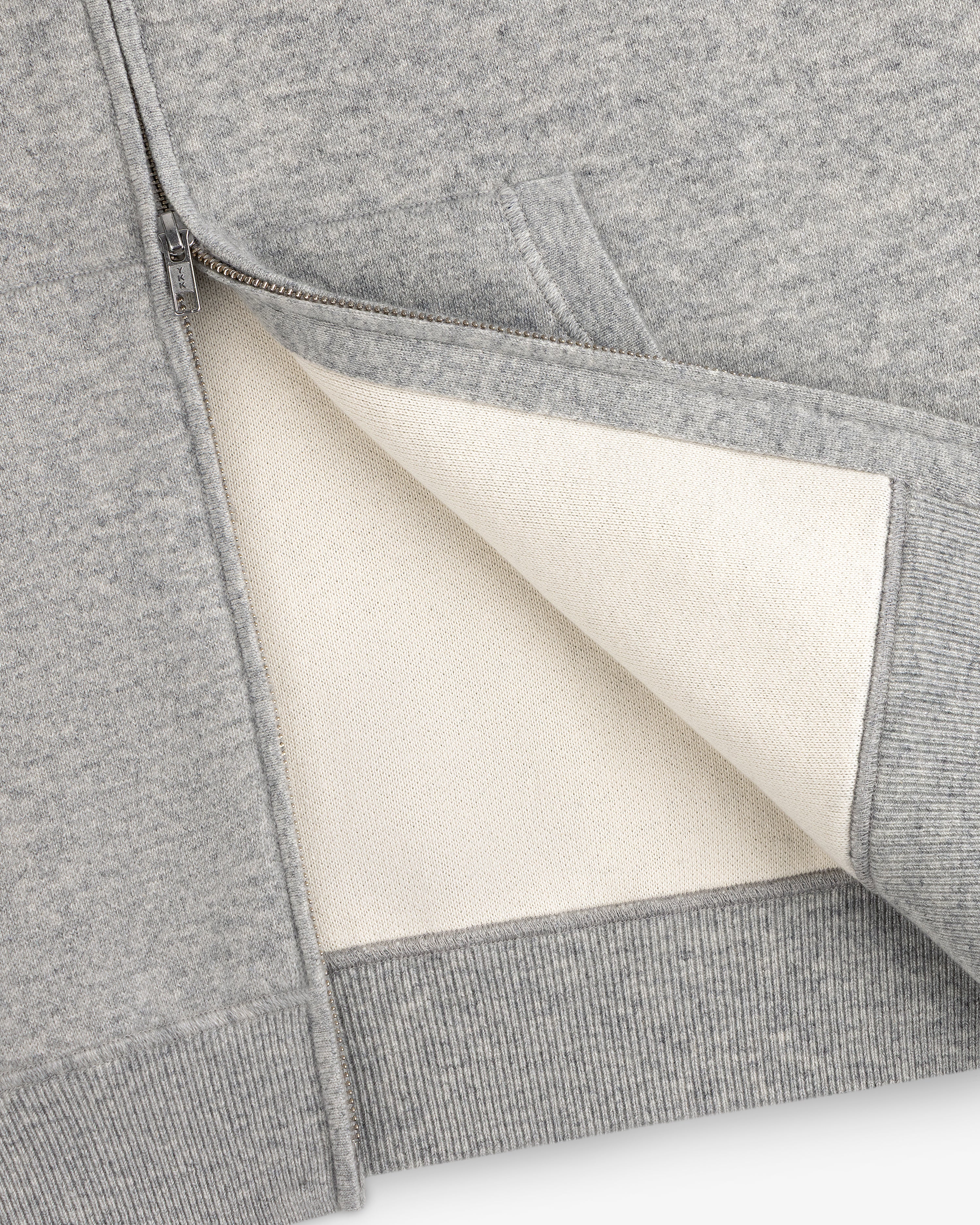 Full-Zip Pavilion Cashmere Hoodie in gray, partially unzipped to show cream lining and ribbed hem.