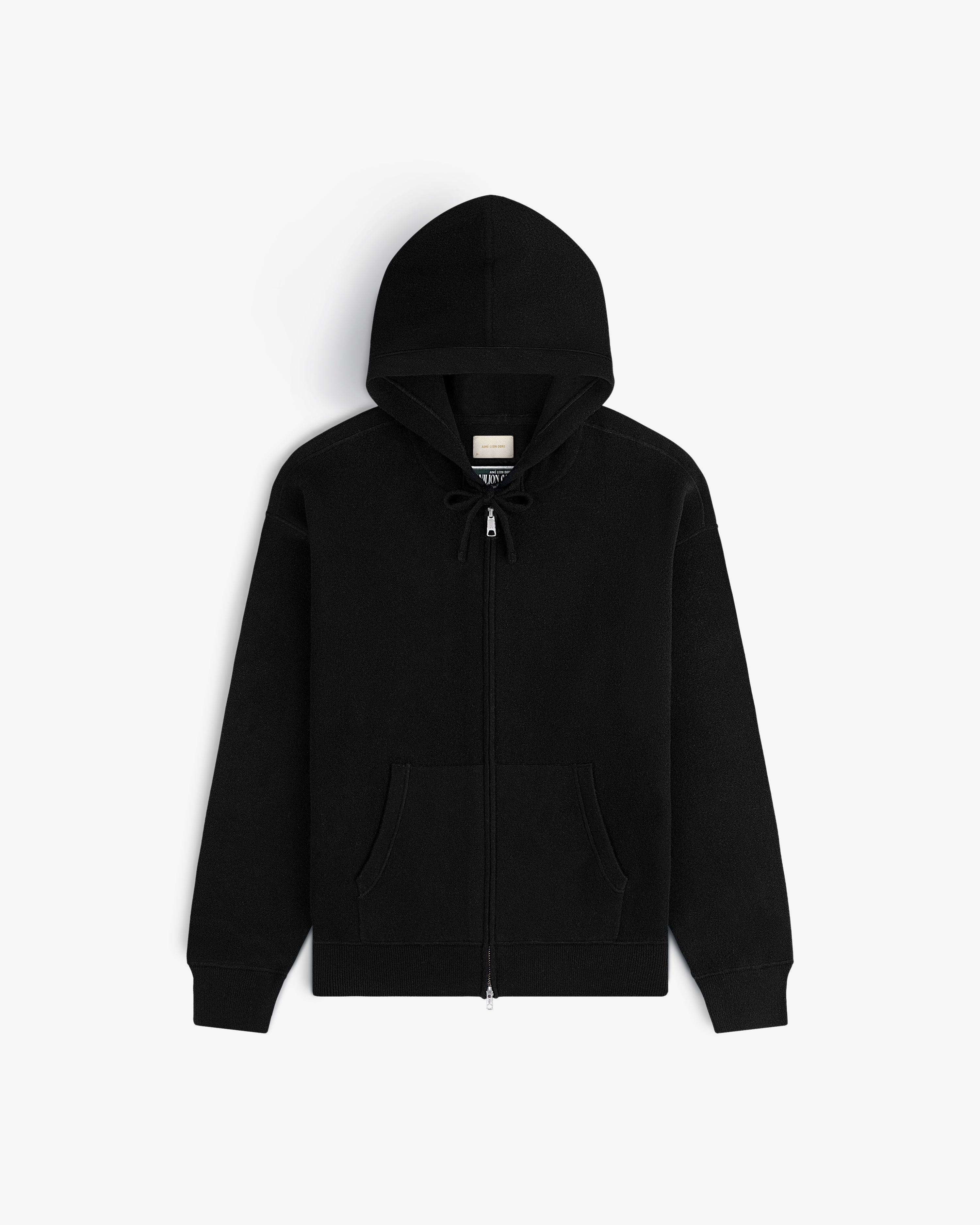 Full-Zip Pavilion Cashmere Hoodie, features front pockets and a drawstring hood, displayed on a white background.
