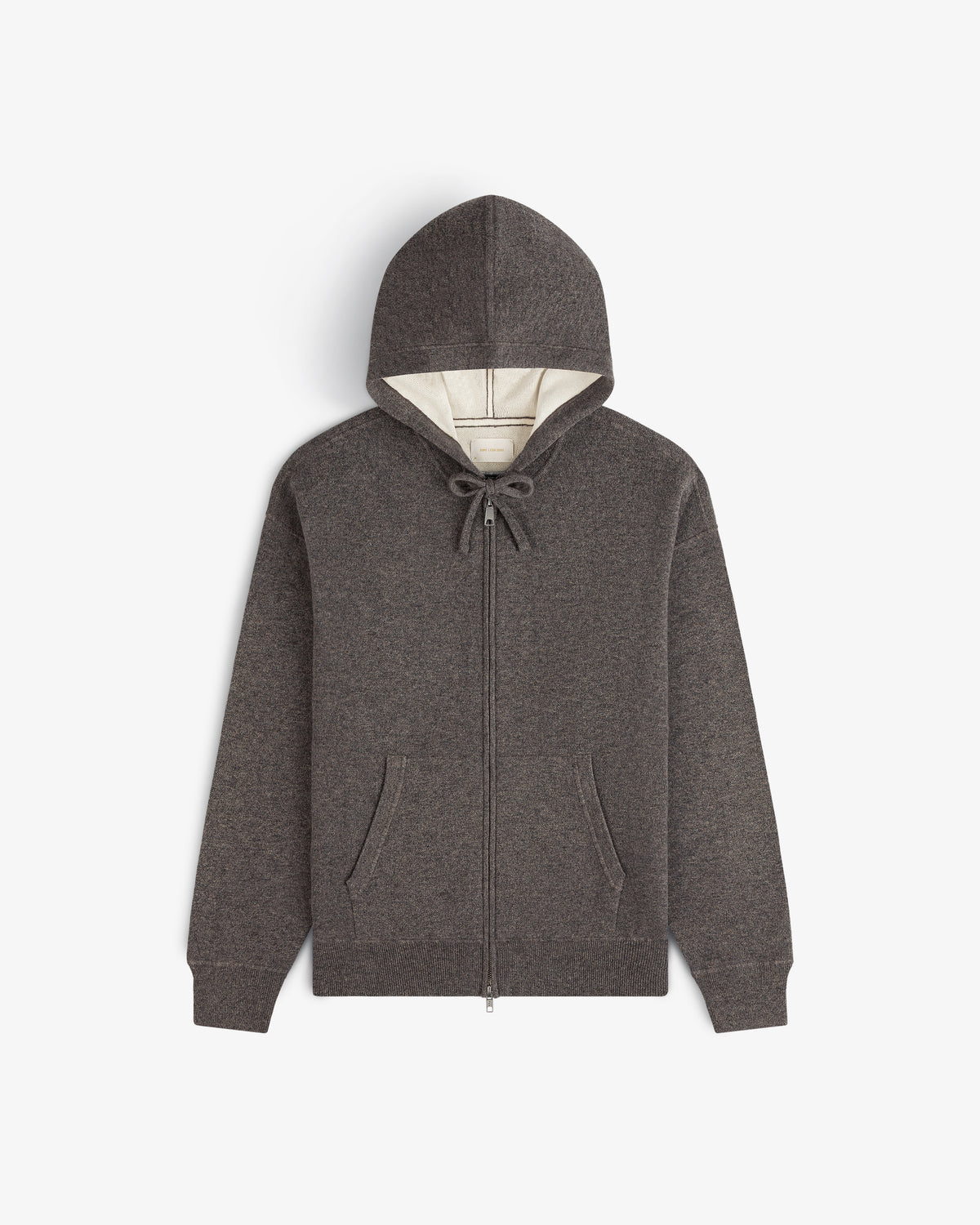 Full-Zip Pavilion Cashmere Hoodie in gray with front pockets, drawstring hood, and ribbed cuffs on white background.