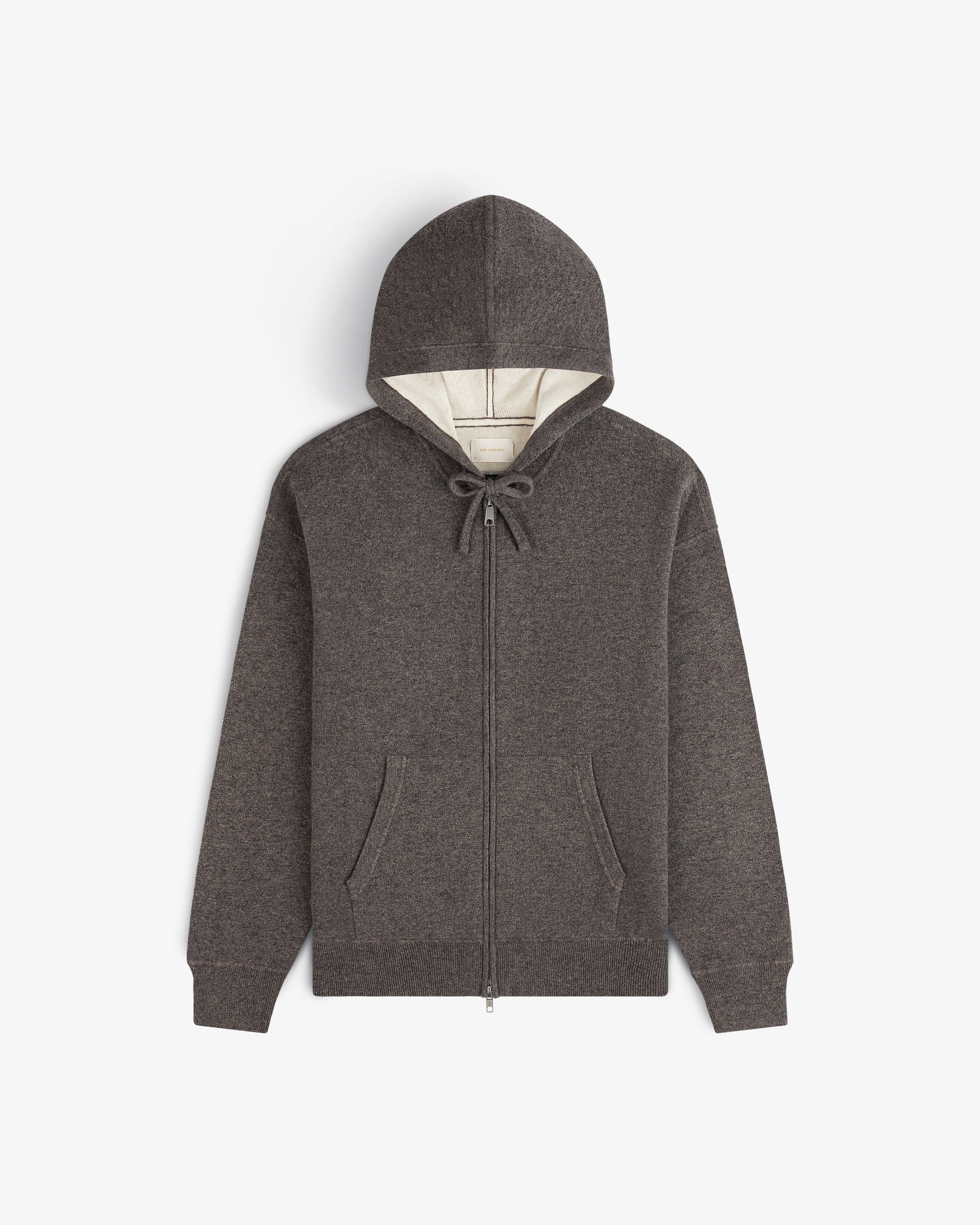 Full-Zip Pavilion Cashmere Hoodie in gray with front pockets, drawstring hood, and ribbed cuffs on white background.