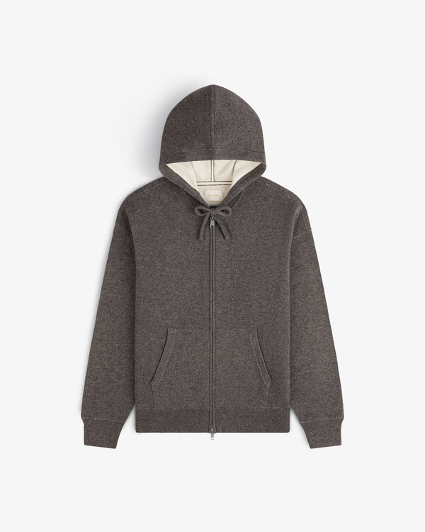 Full-Zip Pavilion Cashmere Hoodie in gray with front pockets, drawstring hood, and ribbed cuffs on white background.