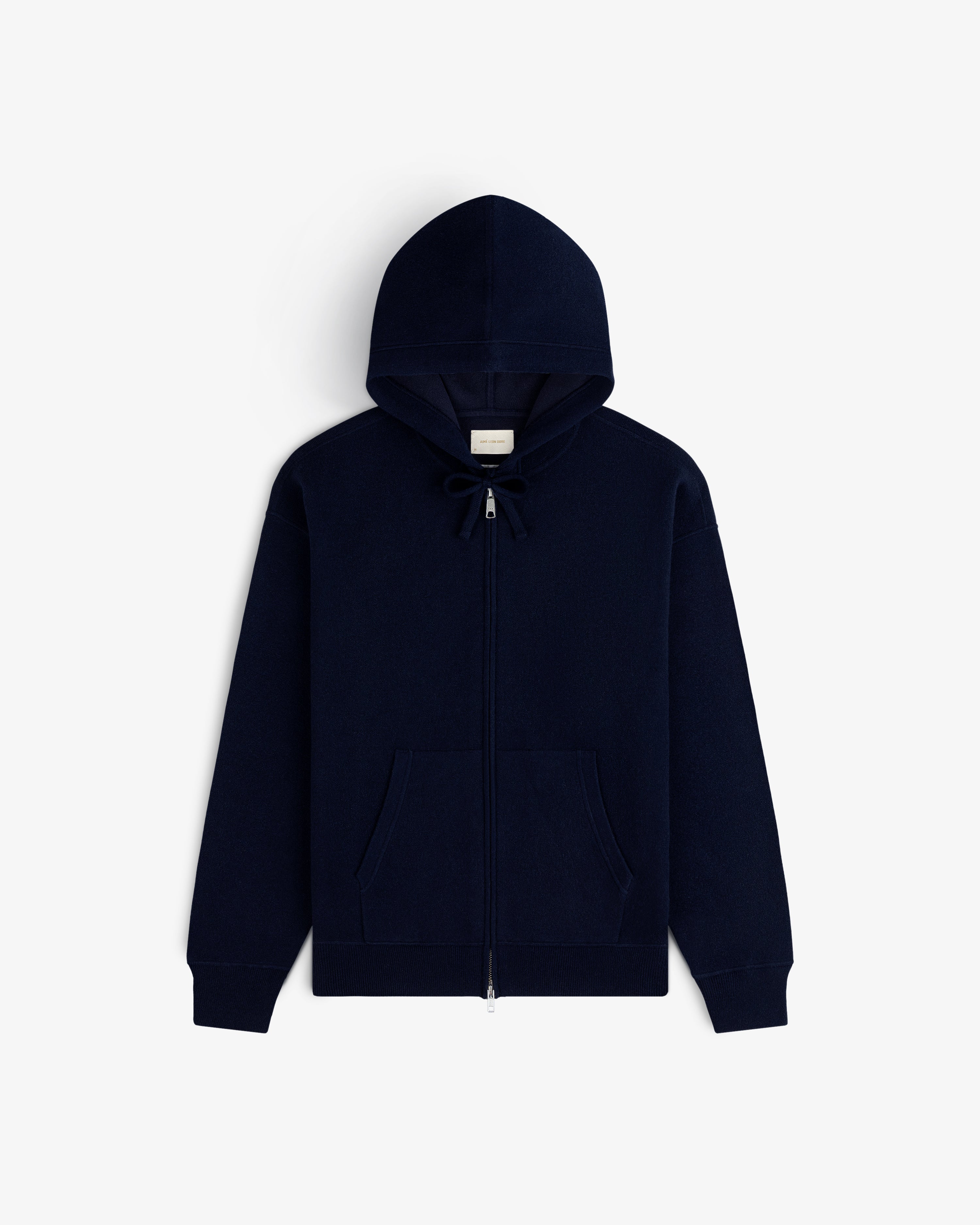Full-Zip Pavilion Cashmere Hoodie in navy blue, with front pockets and drawstring hood, displayed on white background.