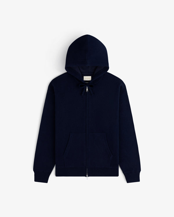Full-Zip Pavilion Cashmere Hoodie in navy blue, with front pockets and drawstring hood, displayed on white background.