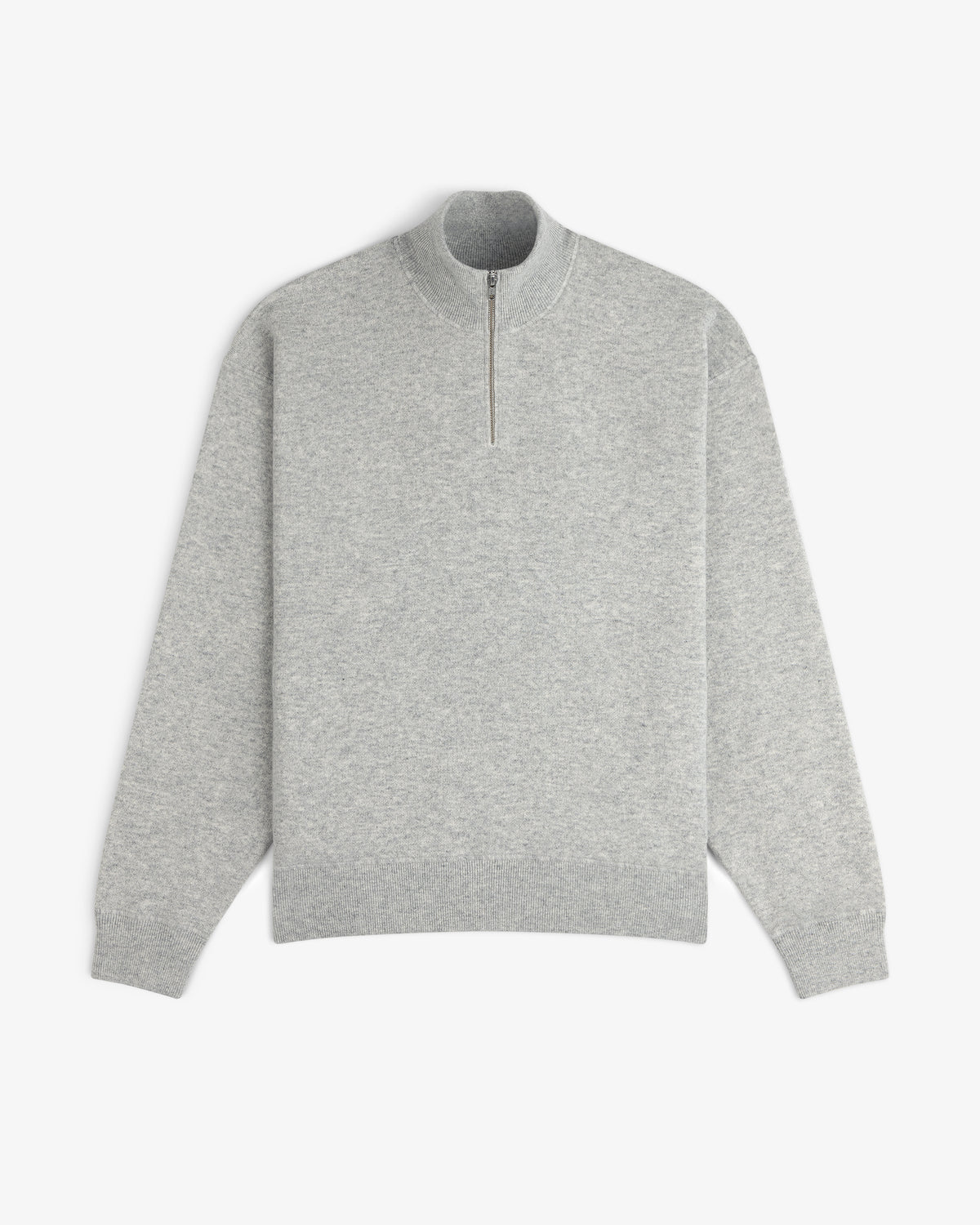 Quarter Zip Pavilion Cashmere Pullover in light gray with long sleeves and mock neck, laid flat on white background.