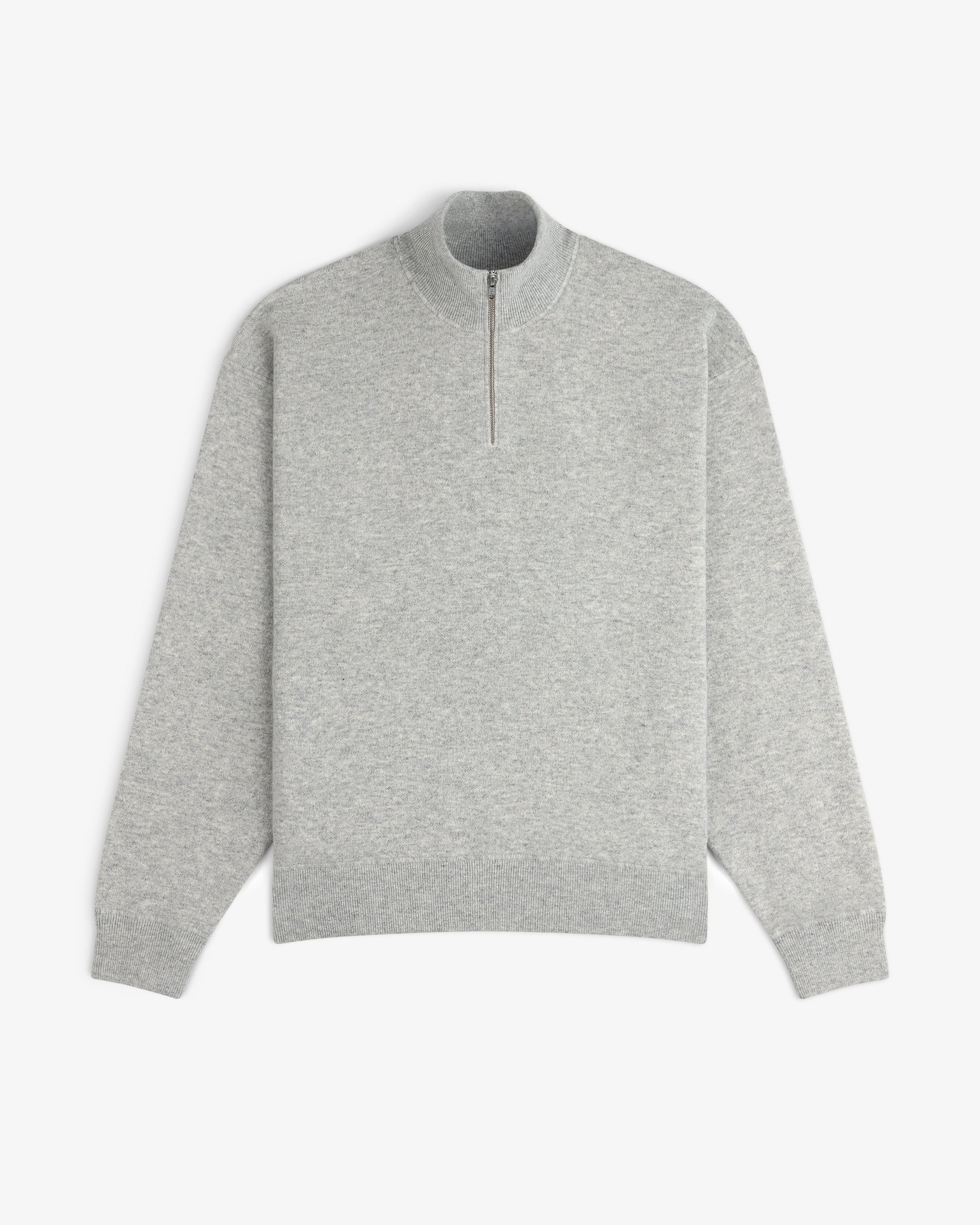 Quarter Zip Pavilion Cashmere Pullover in light gray with long sleeves and mock neck, laid flat on white background.