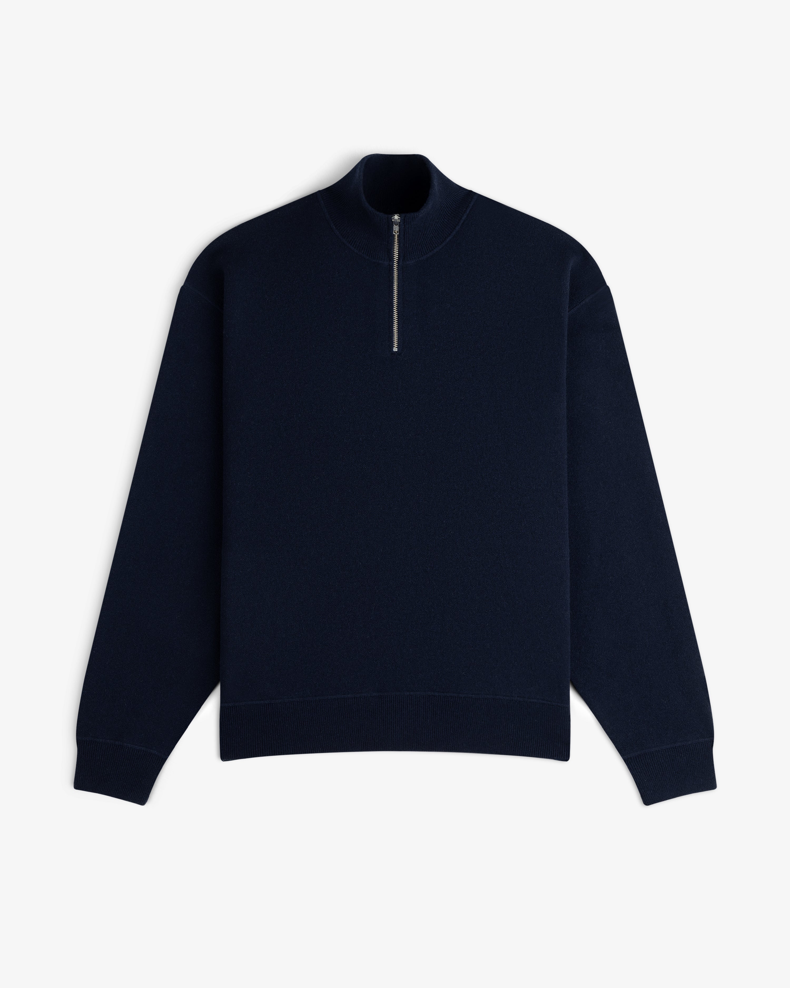 Quarter Zip Pavilion Cashmere Pullover in navy blue with long sleeves and mock neck, shown flat on a white background.