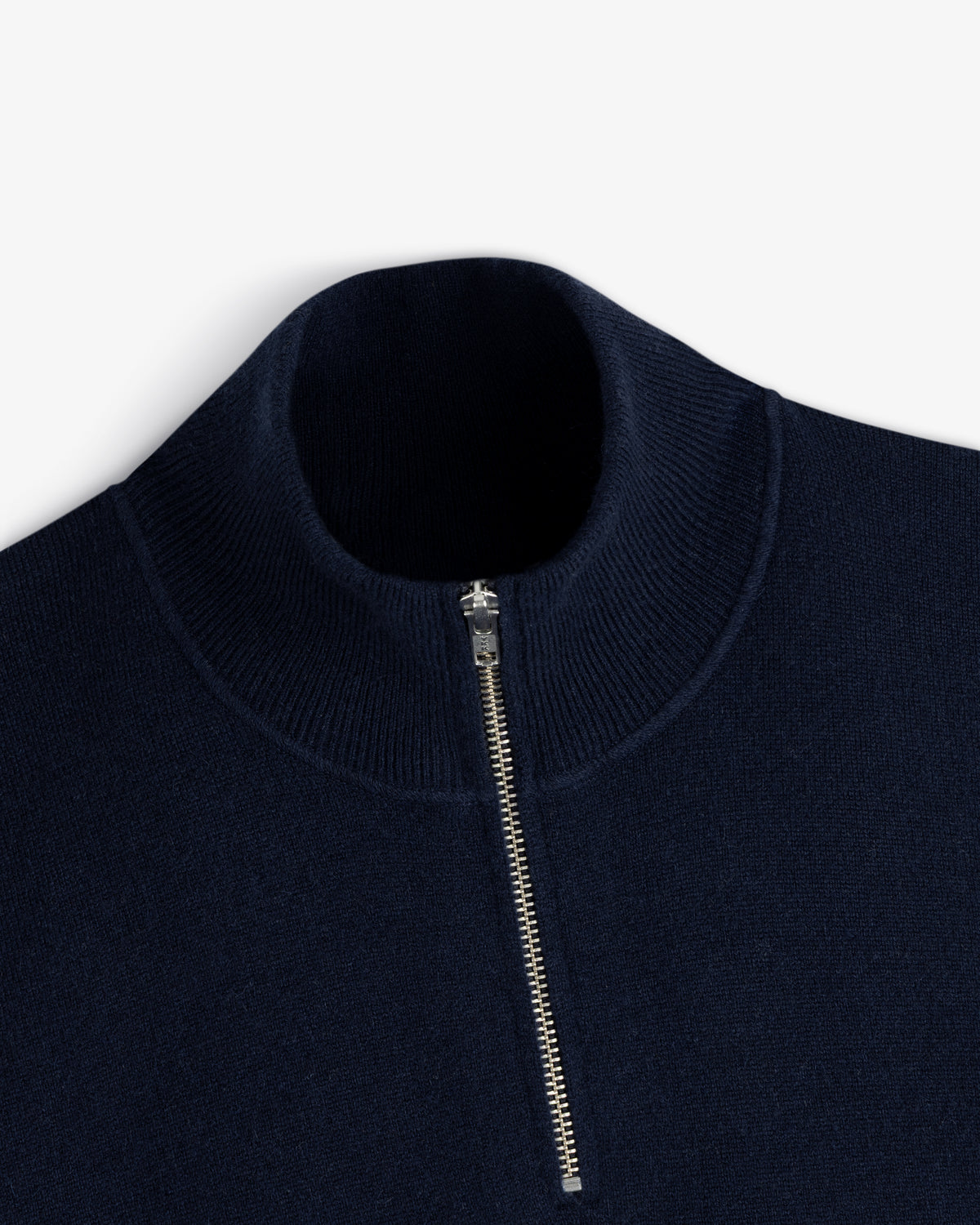 Quarter Zip Pavilion Cashmere Pullover in navy with silver zip and ribbed mock neck, shown on white background.