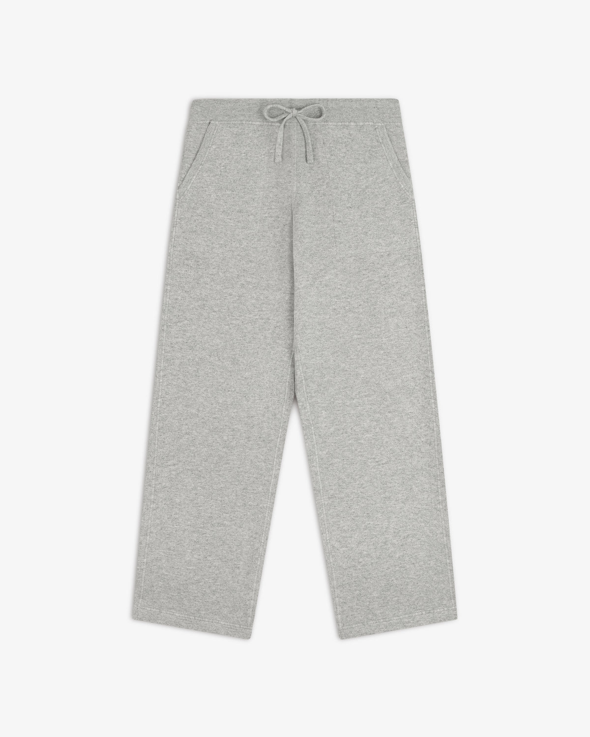 Pavilion Cashmere Sweatpant in gray, wide-leg with drawstring waist and side pockets, shown laid flat on white.