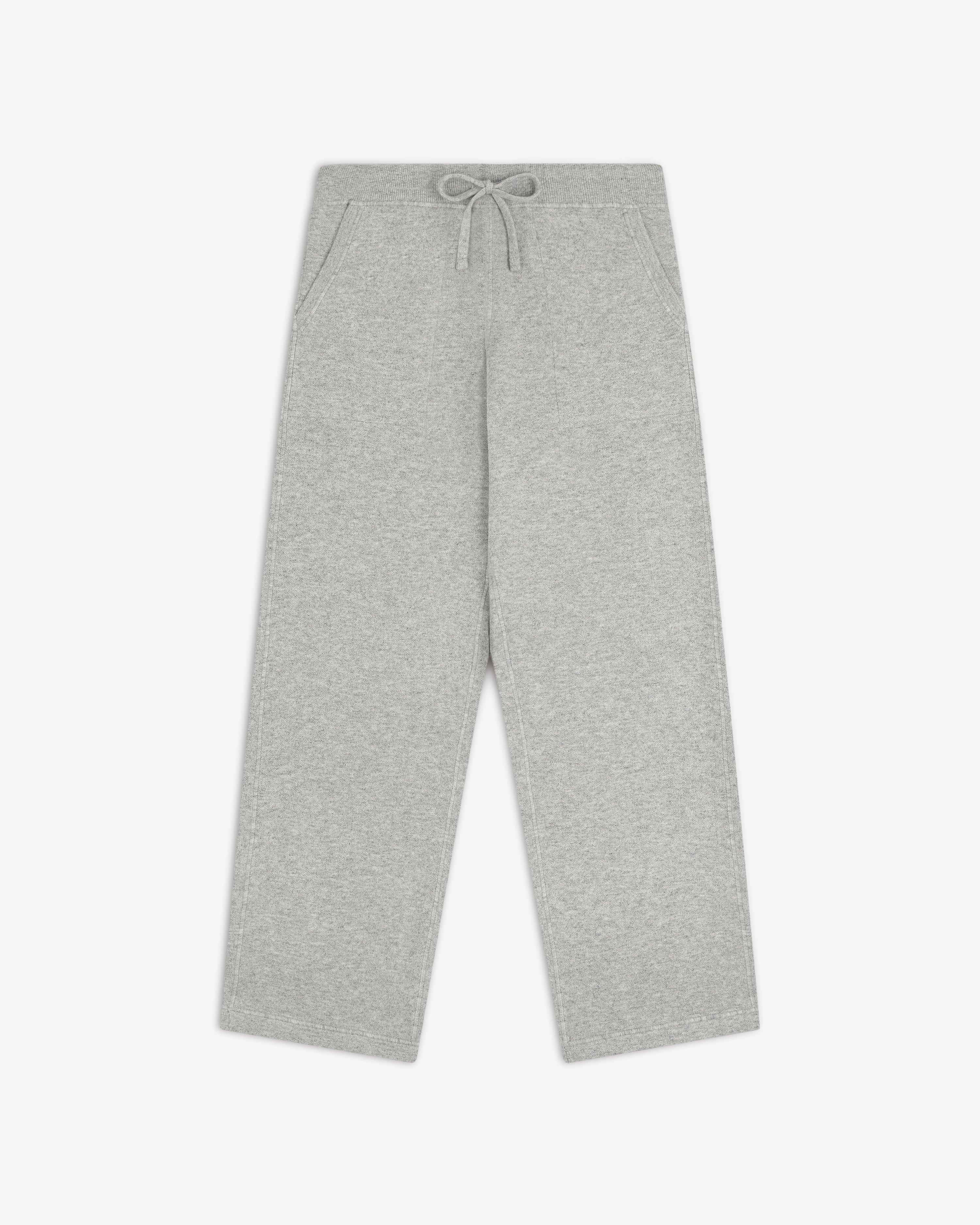 Pavilion Cashmere Sweatpant in gray, wide-leg with drawstring waist and side pockets, shown laid flat on white.