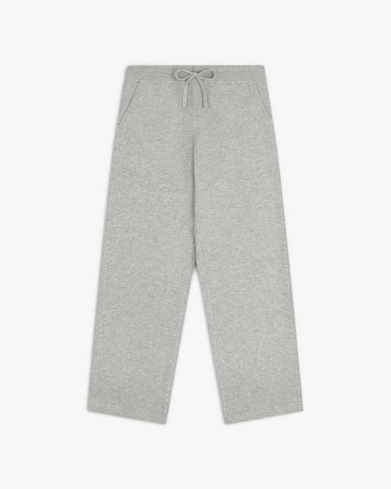 Pavilion Cashmere Sweatpant in gray, wide-leg with drawstring waist and side pockets, shown laid flat on white.