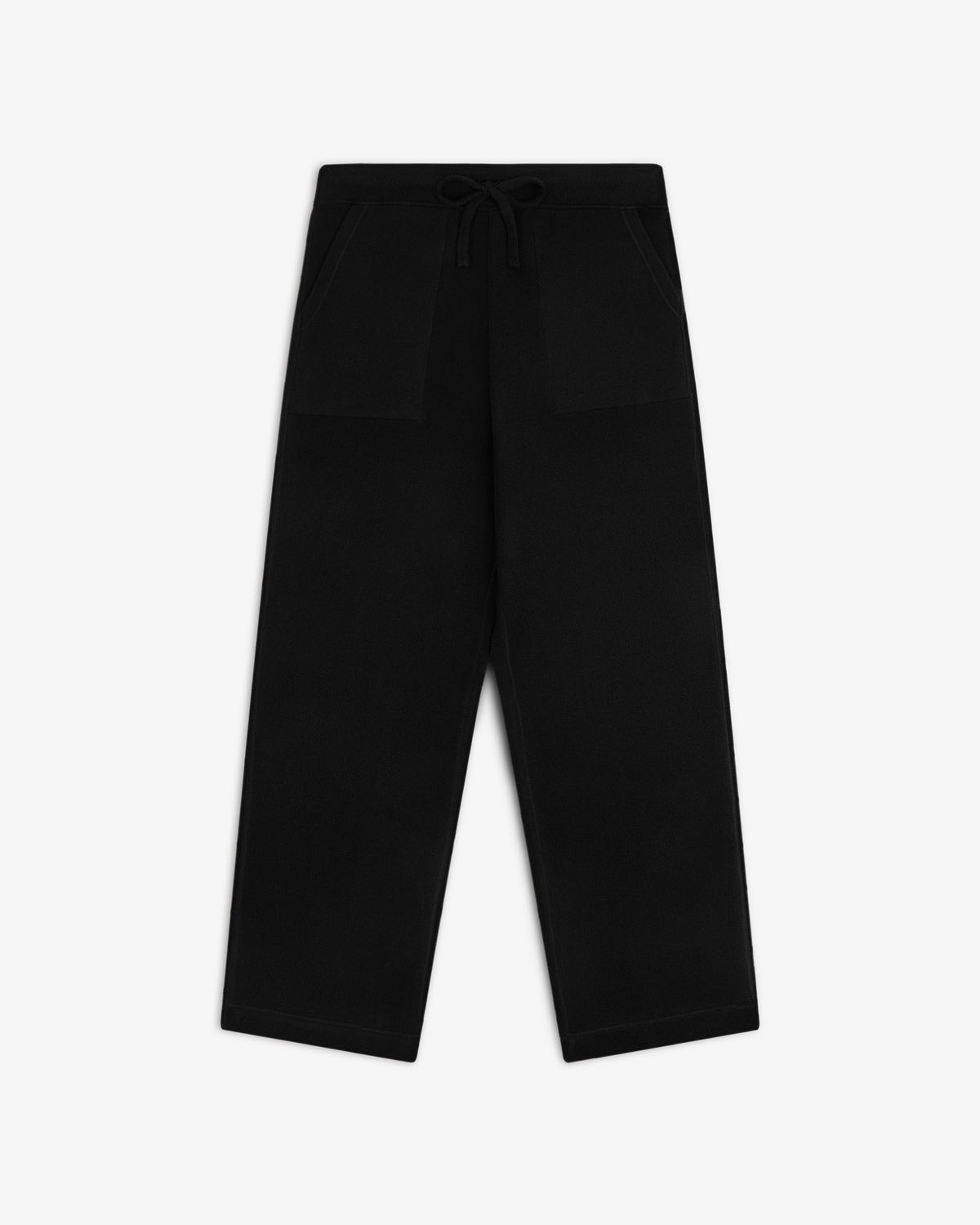 Pavilion Cashmere Sweatpant—black, wide-leg, drawstring waist, front pockets, shown flat on a white background.