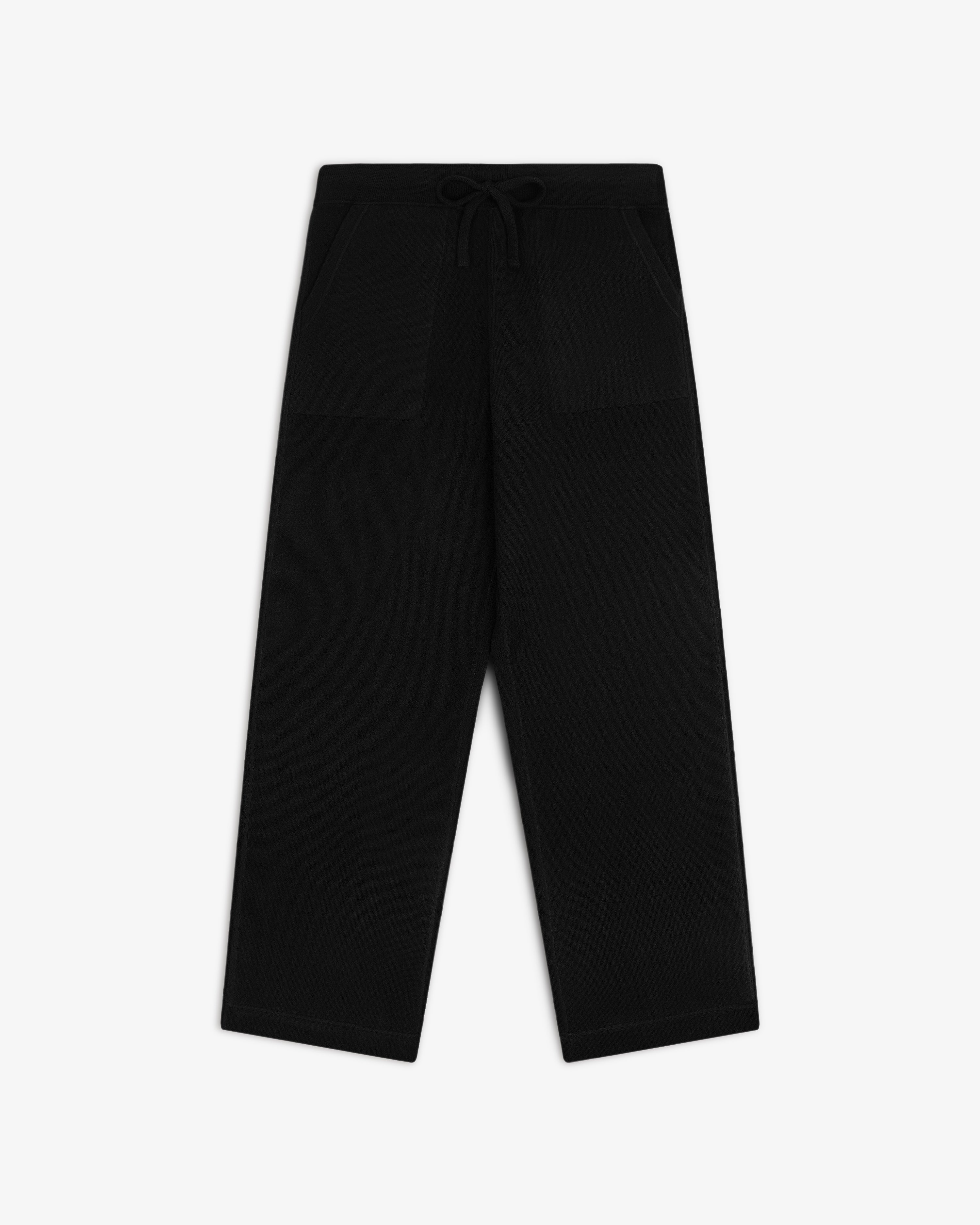 Pavilion Cashmere Sweatpant—black, wide-leg, drawstring waist, front pockets, shown flat on a white background.