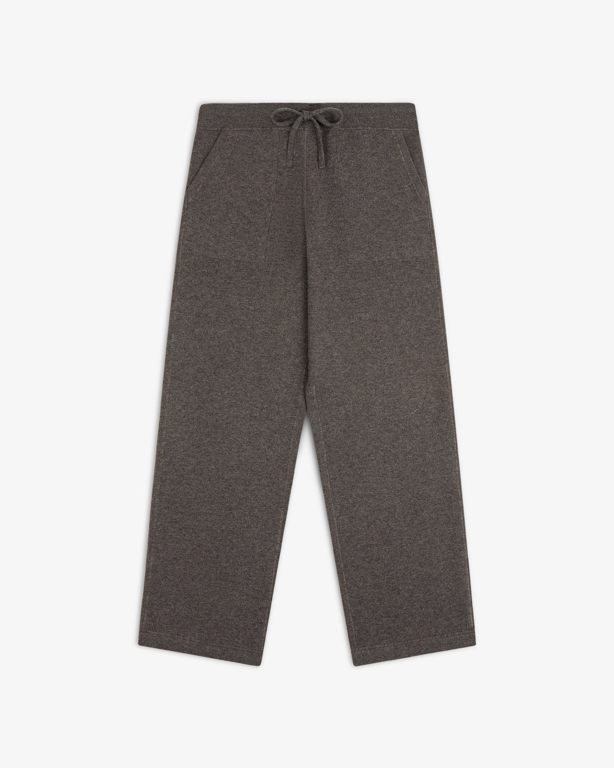 Pavilion Cashmere Sweatpant in gray, wide-leg with front pockets and drawstring, displayed on white background.