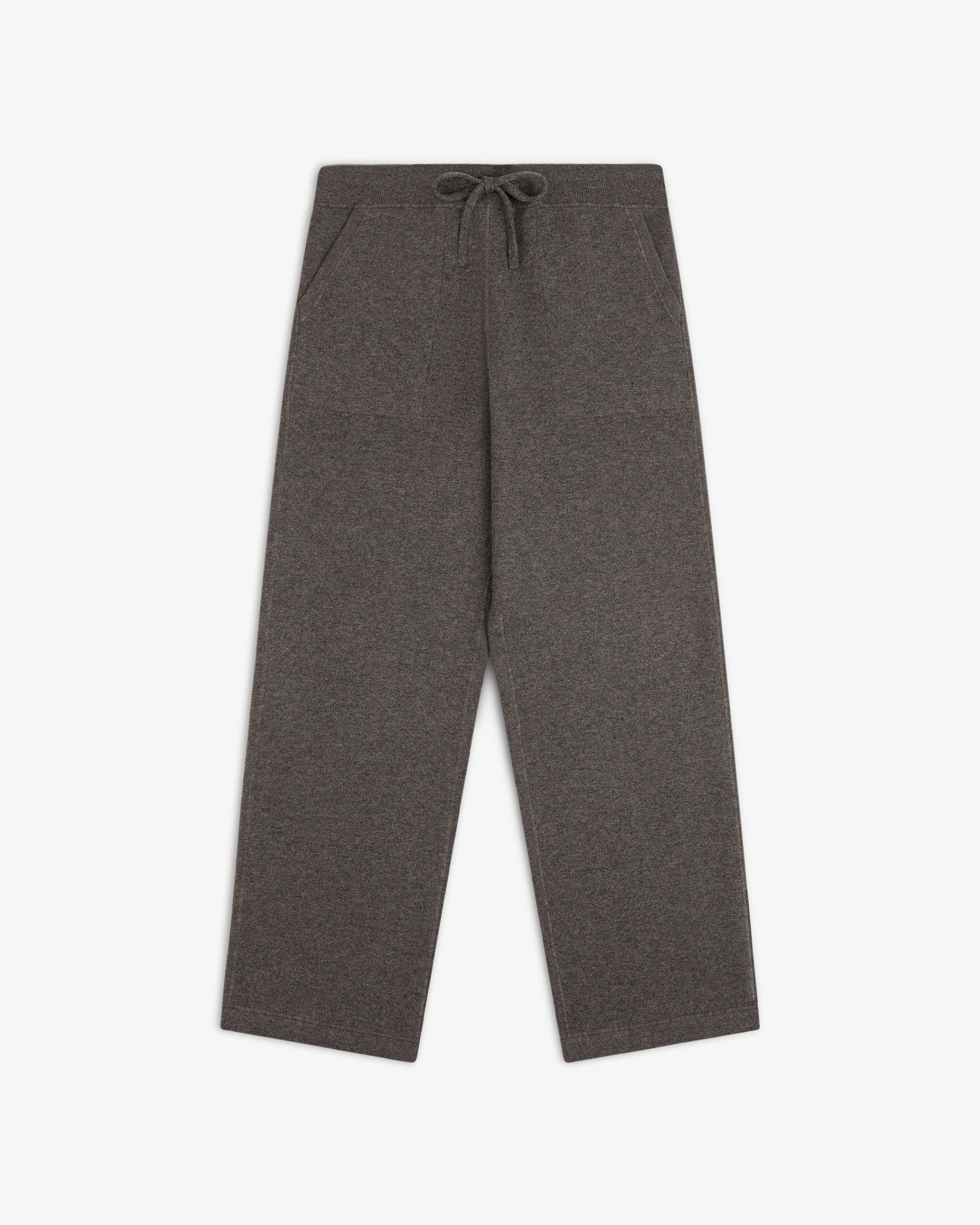 Pavilion Cashmere Sweatpant in gray, wide-leg with front pockets and drawstring, displayed on white background.