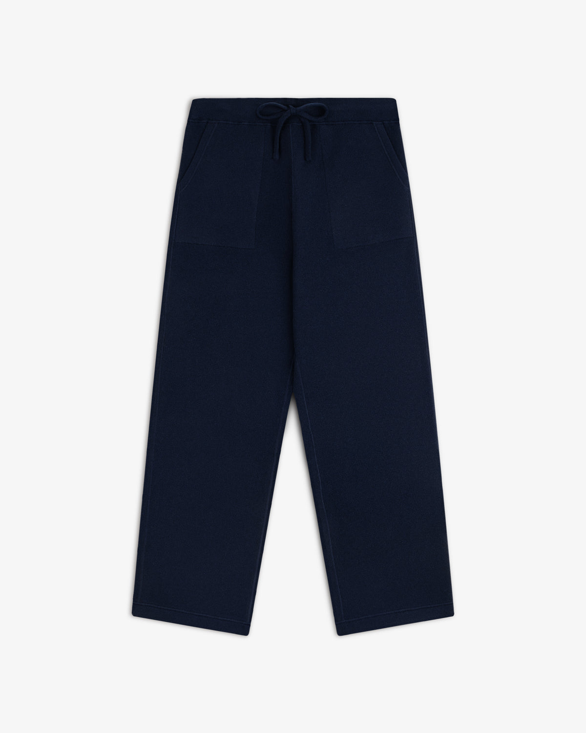 Pavilion Cashmere Sweatpant in navy with wide legs, front patch pockets, and drawstring waist on white background.