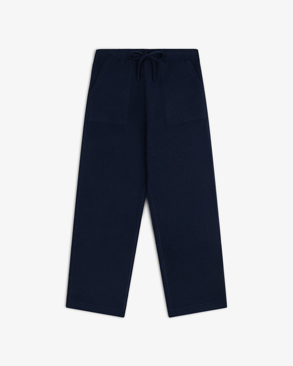 Pavilion Cashmere Sweatpant in navy with wide legs, front patch pockets, and drawstring waist on white background.