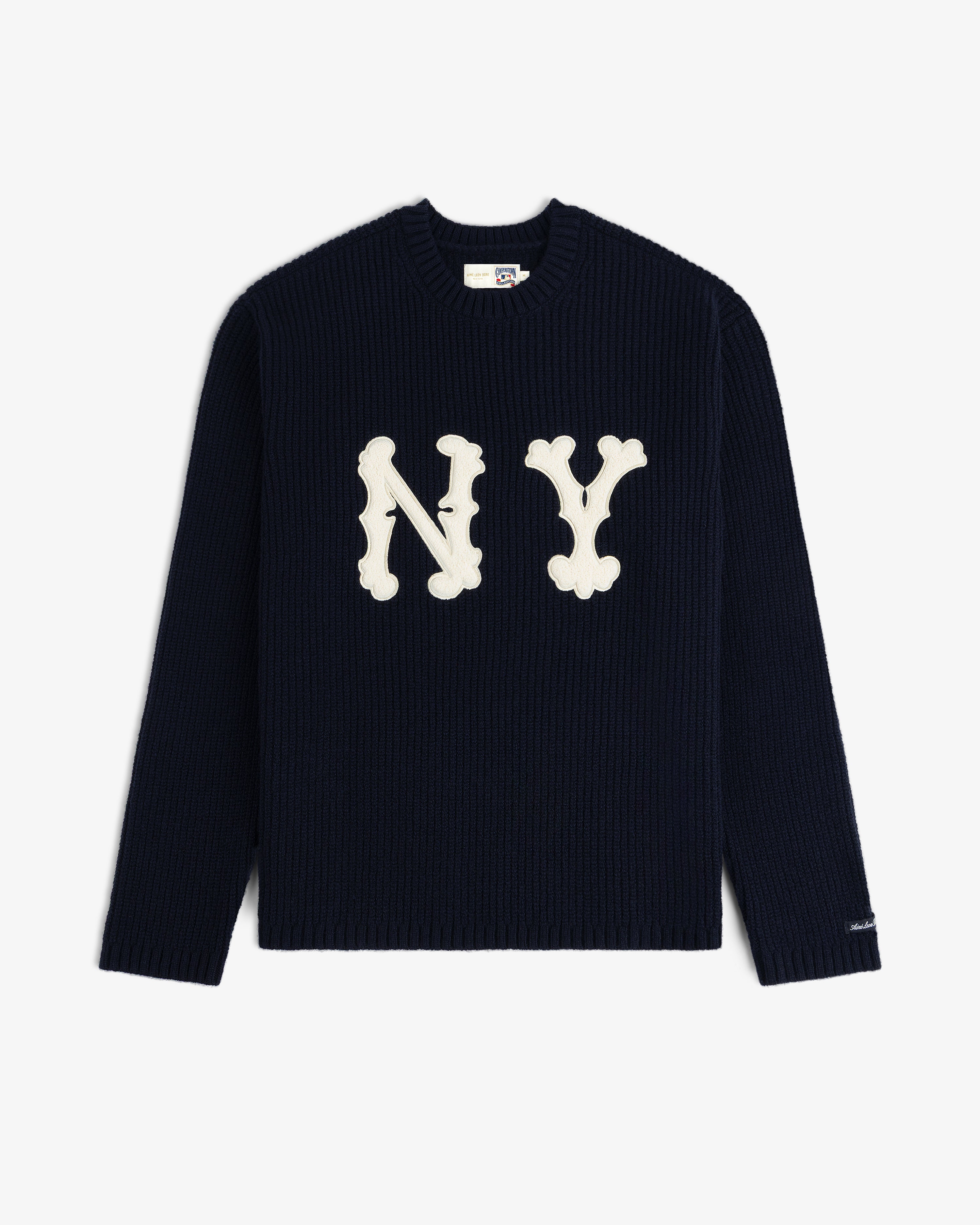 NY Highlanders Ribbed Wool Crewneck Sweater in navy with large white NY on front, shown flat on white background.