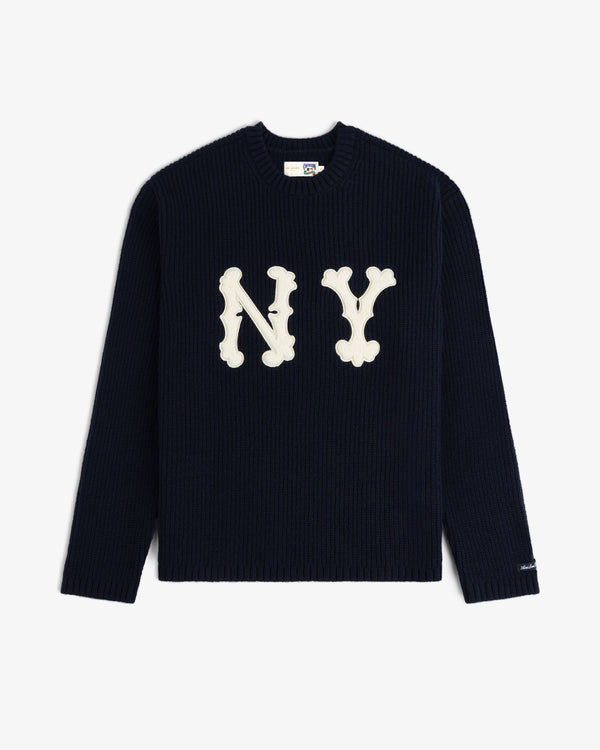 NY Highlanders Ribbed Wool Crewneck Sweater in navy with large white NY on front, shown flat on white background.