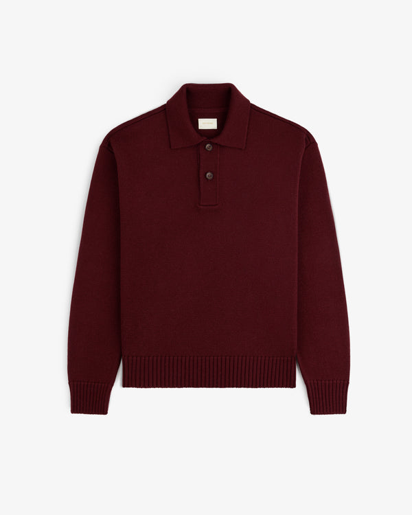 Deep red Long-Sleeve Merino Polo shirt featuring a knit texture and a button placket.