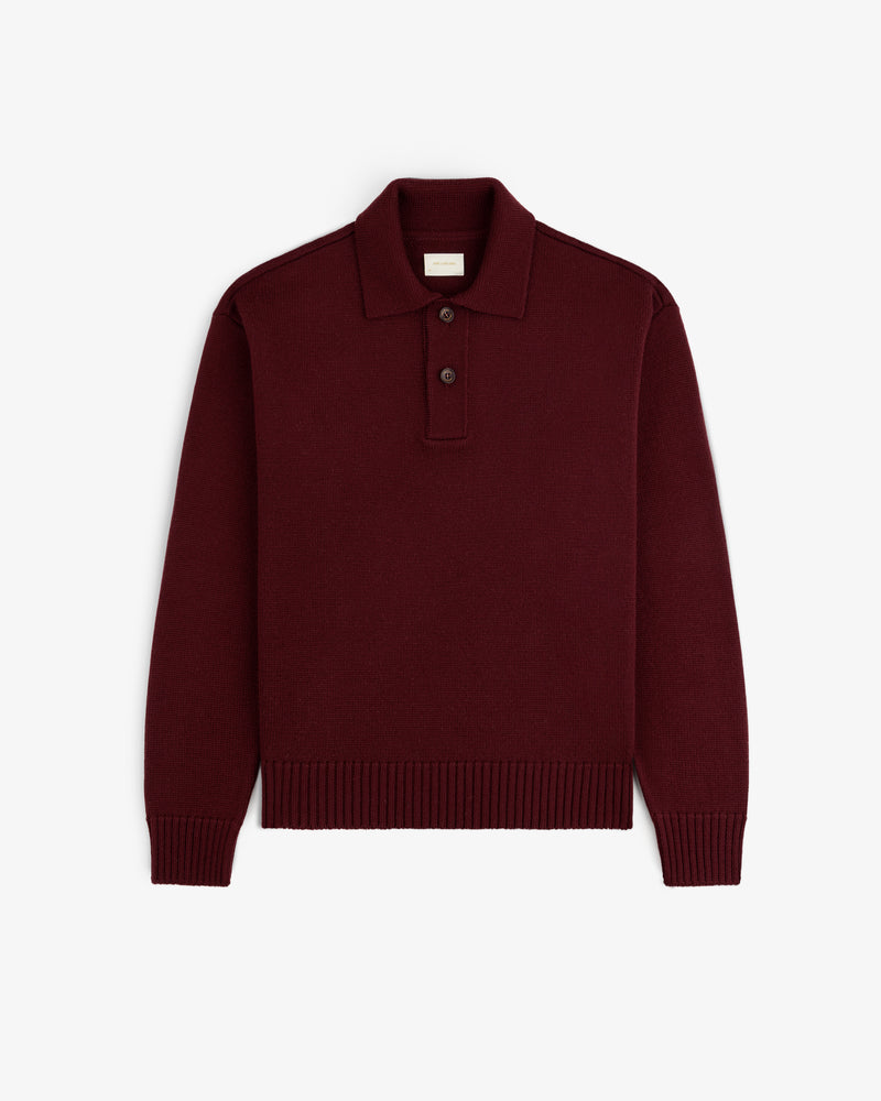 Deep red Long-Sleeve Merino Polo shirt featuring a knit texture and a button placket.