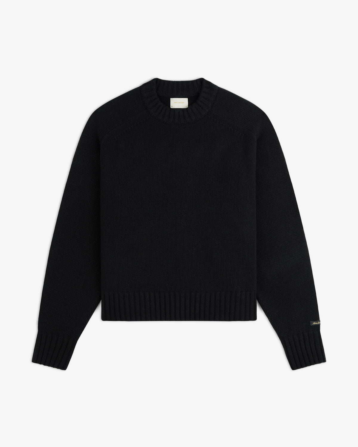 Black Cashmere Crewneck sweater with a long-sleeve design and a ribbed hem and cuffs.