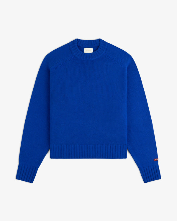 Bright blue Cashmere Crewneck Sweater with long sleeves and ribbed cuffs and hem.