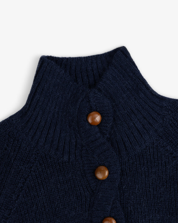 Twisted Rib Cardigan: dark blue ribbed knit cardigan with a high collar and brown leather buttons.