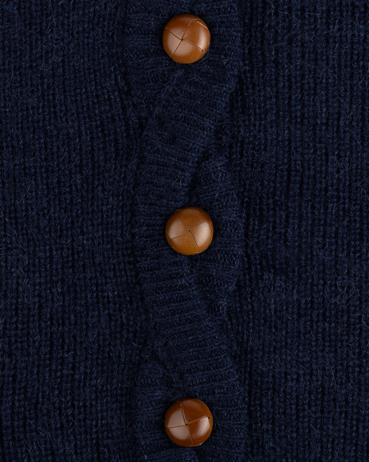 Close-up of three brown buttons on a navy blue Twisted Rib Cardigan.