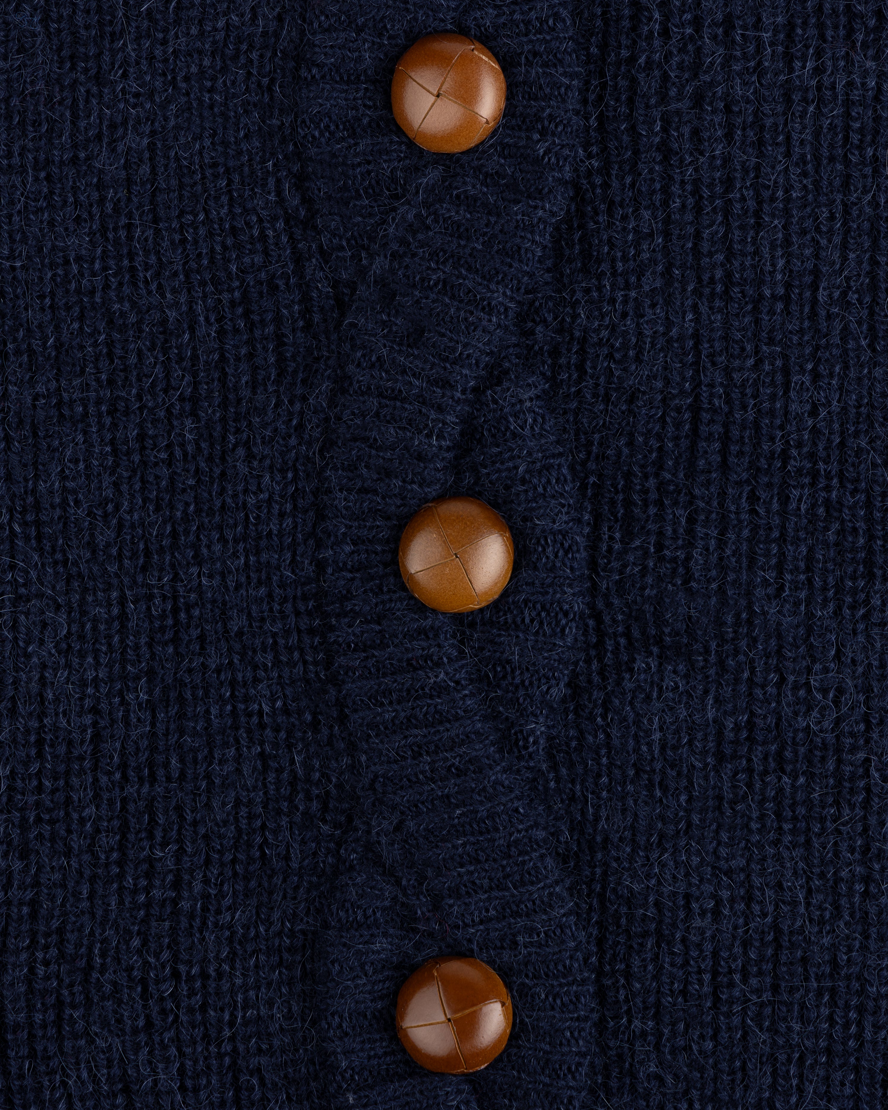 Close-up of three brown buttons on a navy blue Twisted Rib Cardigan.