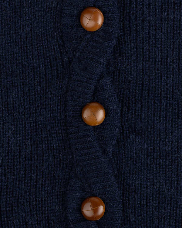 Close-up of three brown buttons on a navy blue Twisted Rib Cardigan.