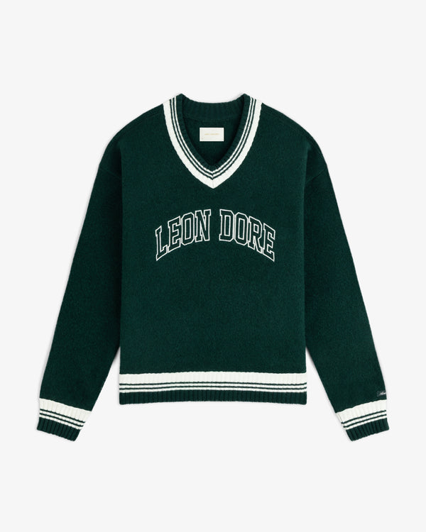 Dark green Boiled Wool Letterman sweater with white striped trim and LEON DORE text across the chest.