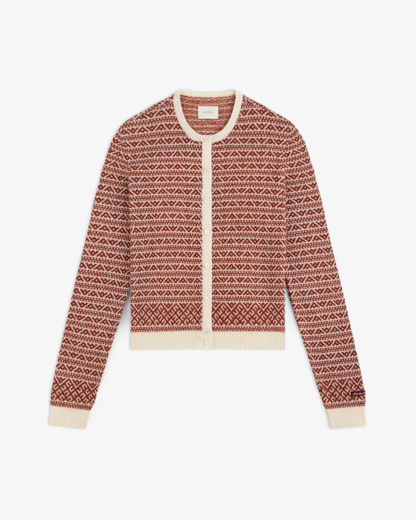 Wool Cashmere Jacquard Cardigan in a rust and cream geometric pattern with a button-front closure and ribbed trim.